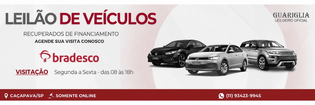 Leilão de veículos recuperados de financiamento Bradesco — Caçapava/SP